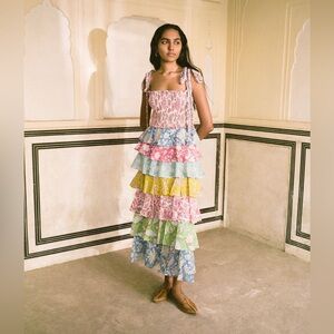 Alix of Bohemia Colorful Tiered Ruffle Floral Maxi Dress Smocked XS